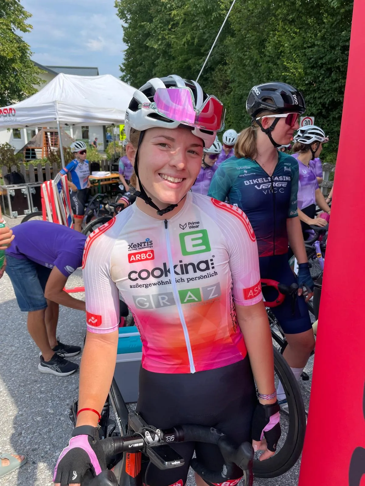 Team Cookina Graz rider smiling shortly before the start of the Austrian Hill Climb Championship on the Gaisberg