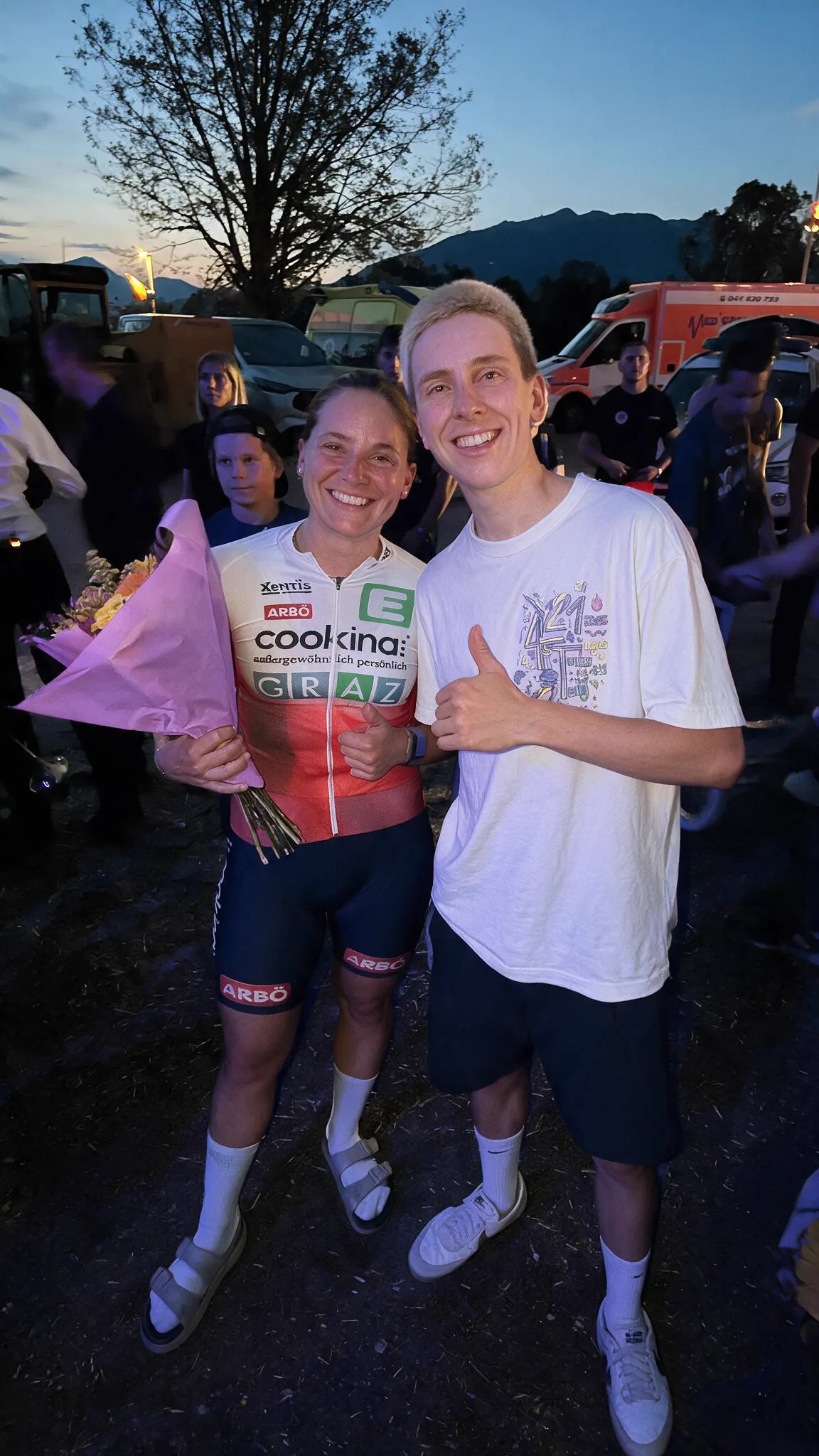 Alice Riebler and Tadej Pogacar together for the winners' photo after the POGI Challenge in Komenda