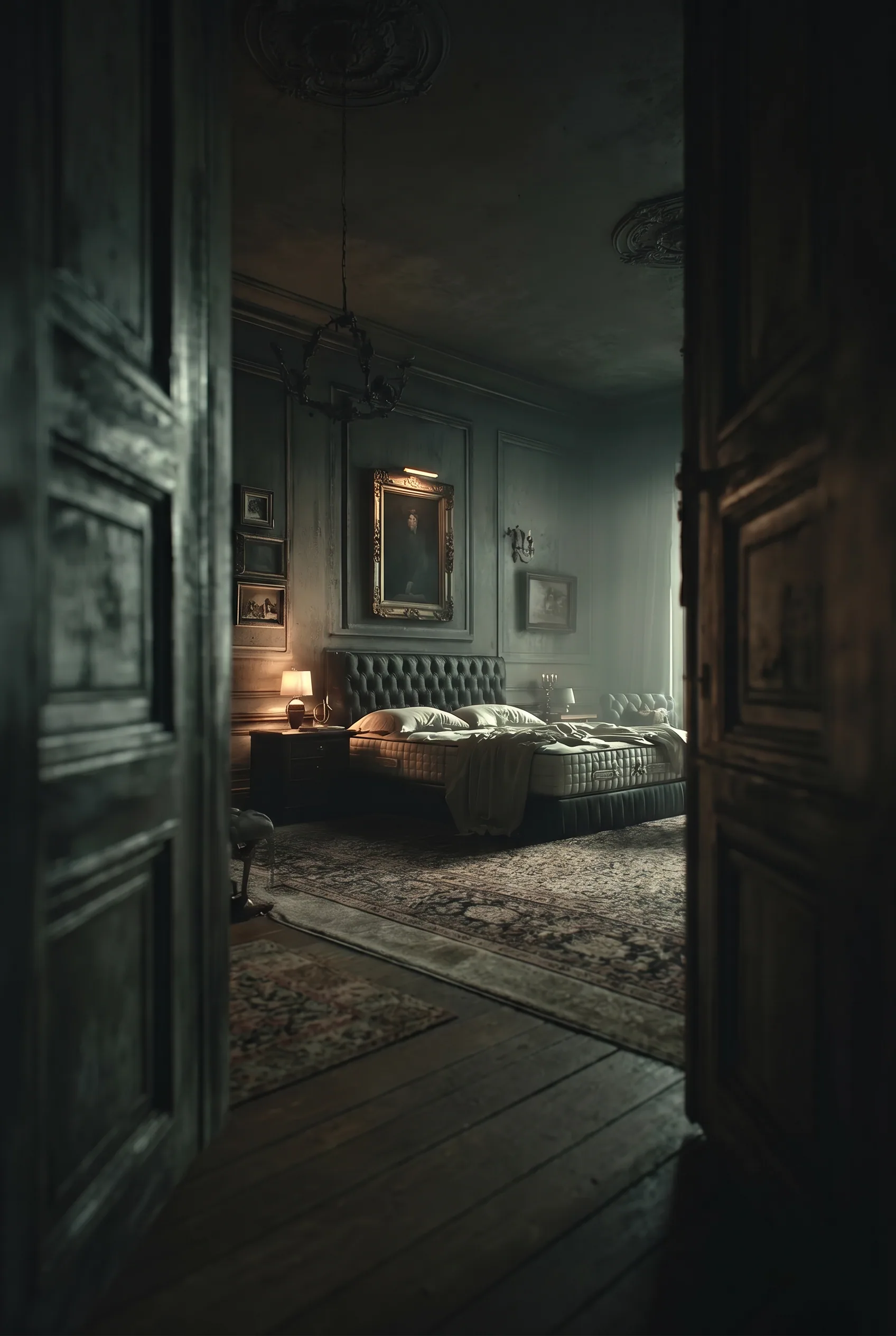 Hidden, ornate but neglected bedroom